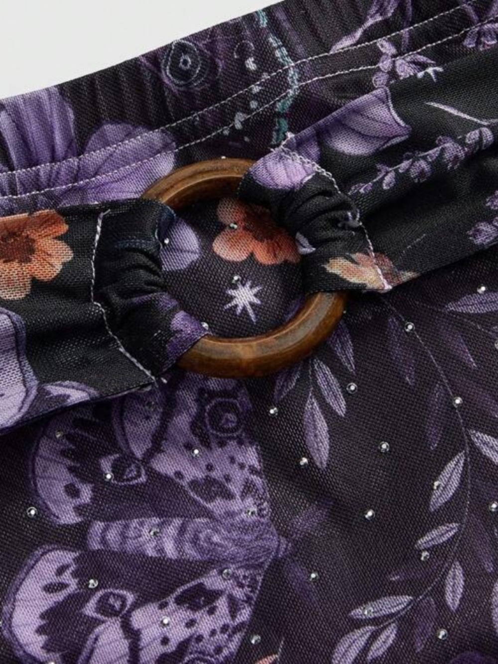 Whimsigoth Purple Floral Asymetrical Maxi Skirt with Tie Waist and Rhinestones - Picture 4 of 11